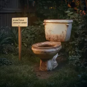 Min nabo installerede et toilet på min græsplæne med en note, 'Skyl din mening her', efter at jeg bad hende om ikke at solbade foran min søns vindue